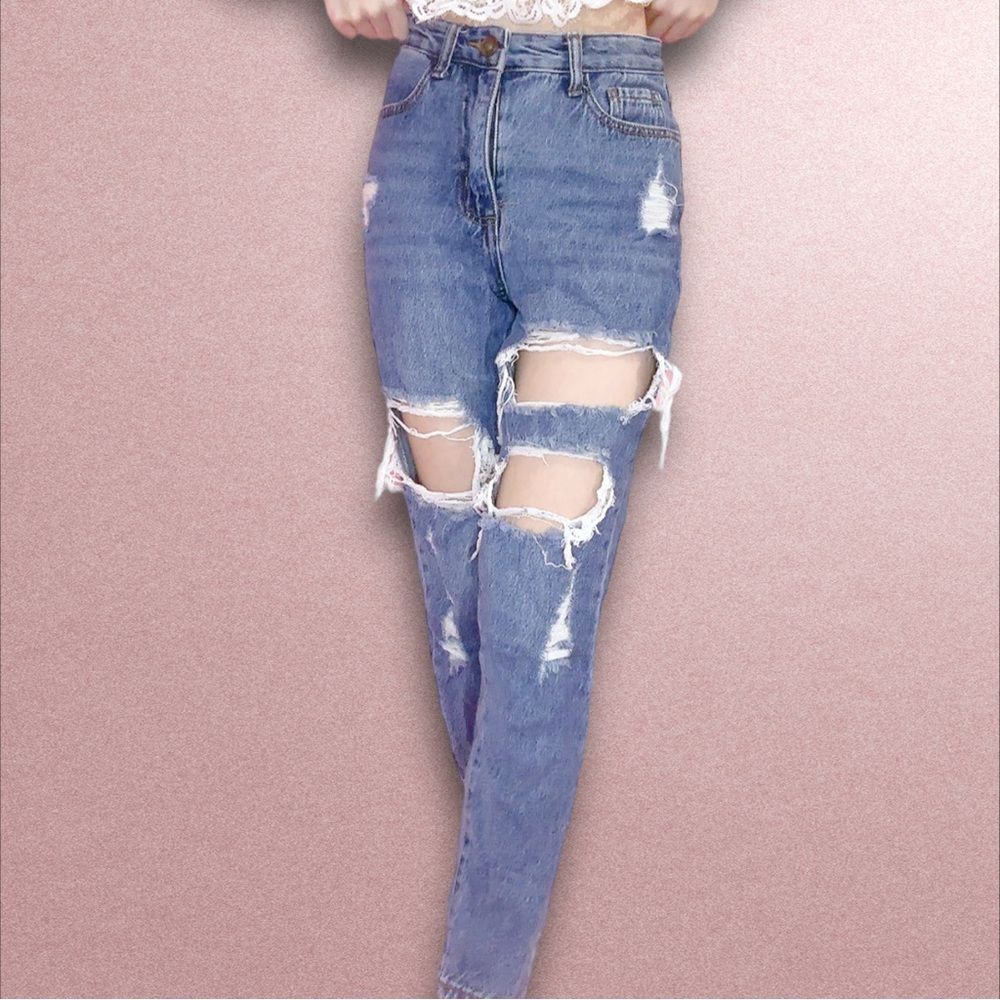 Skinny Fries Denim Ripped Distressed Cotton Mom Jeans Size 1